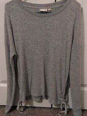 SO Heather Gray Ribbed Crewneck Sweater with Side Tie Hem